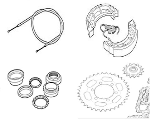 Brakes, chains and sprockets, wheel axles, fork parts & more