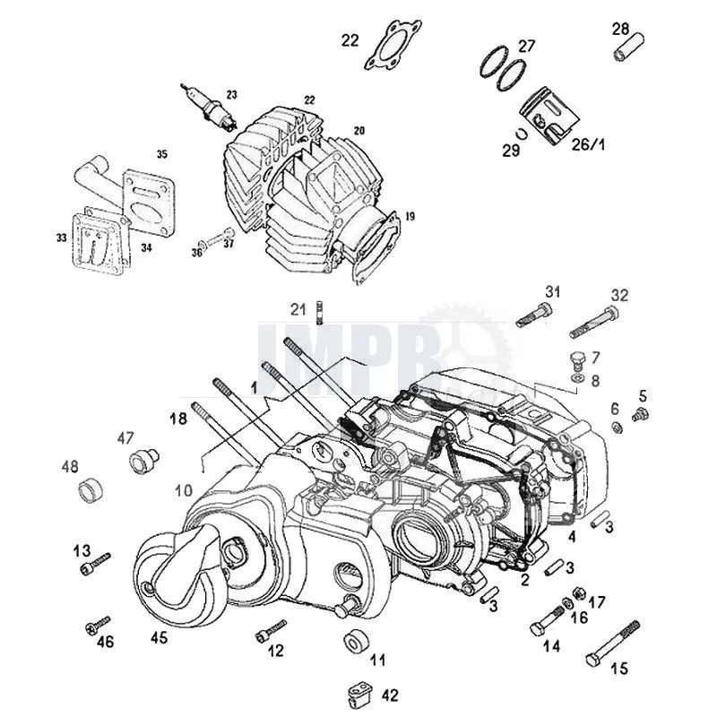 Exploded drawing Crankcase Cylinder Tomos Standard JMPB Parts